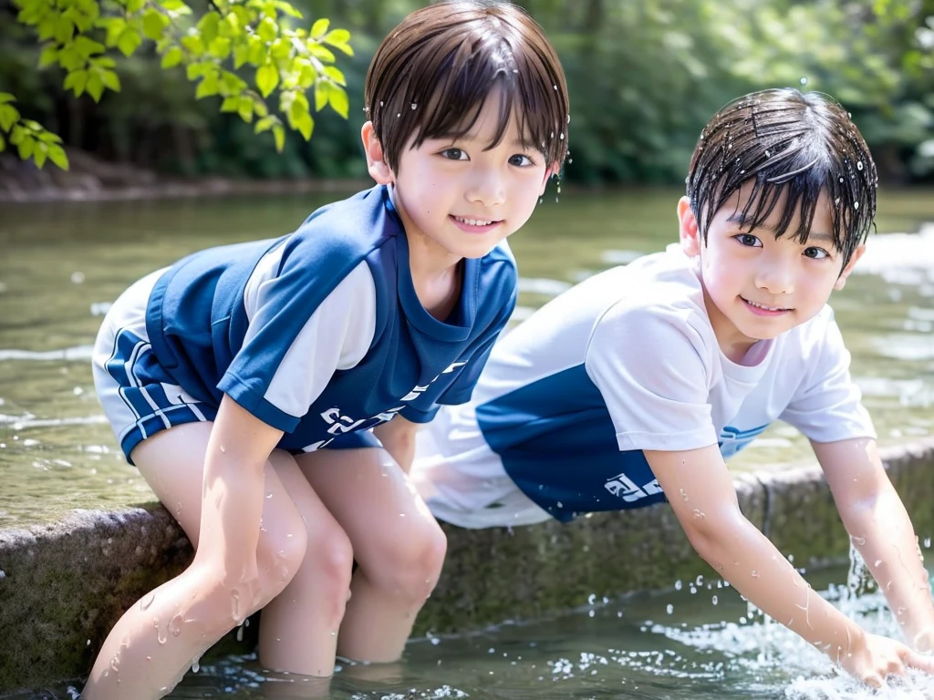 In the forest、Swimming in the river、Cool and refreshing water、Cute boy、Popular  actors、１０Year old boy、The boys are playing、Get wet all over、Noisy boys、Splashing Water、Boy in gym clothes、The bottom of the white T-shirt is blue、Blue shorts、Japanese、（Boy 1.4）