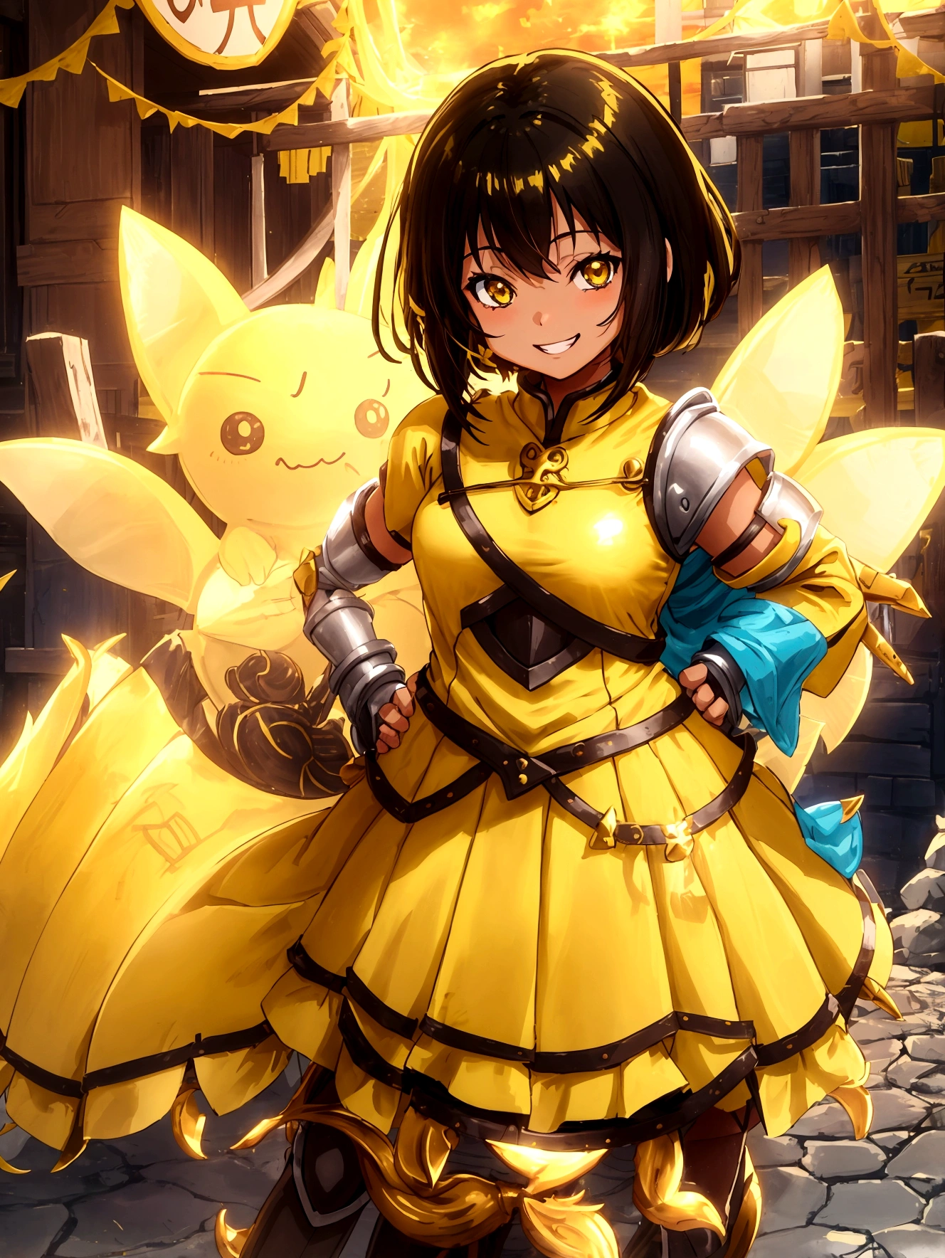 Anime Style、Cheerful girl、Brown skin、RPG Game Characters、Yellow Armor、Yellow long skirt、Armament、Black Hair、short hair、Naughty、Mischievous、Smiling with teeth showing、Hands on hips、Hall々Stand with、Village Background、Bright atmosphere、Bustling market