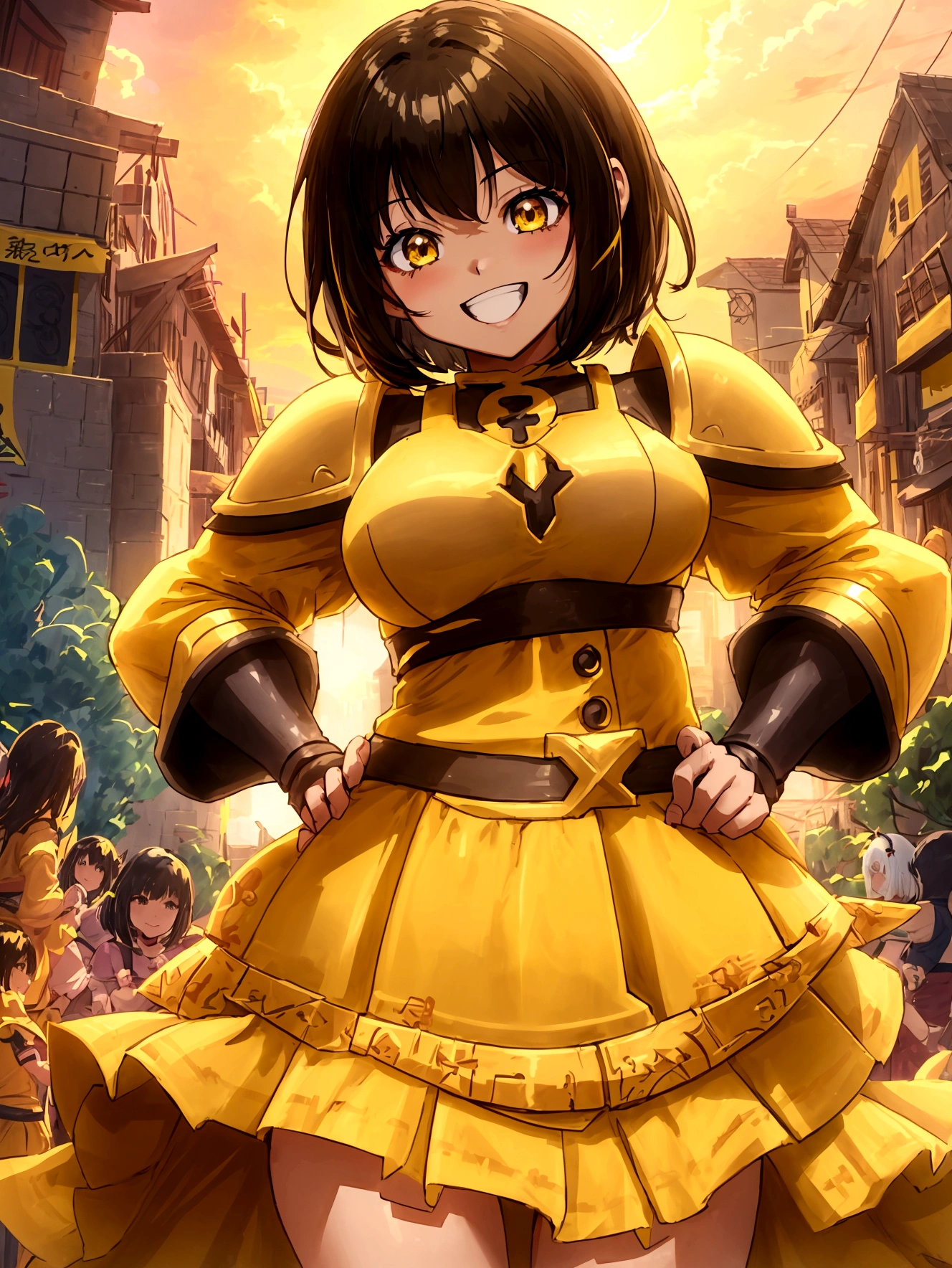 Anime Style、Cheerful girl、Brown skin、RPG Game Characters、Yellow Armor、Yellow long skirt、Armament、Black Hair、short hair、Naughty、Mischievous、Smiling with teeth showing、Hands on hips、Hall々Stand with、Village Background、Bright atmosphere、Bustling market