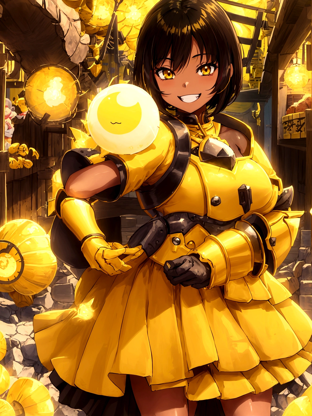 Anime Style、Cheerful girl、Brown skin、RPG Game Characters、Yellow Armor、Yellow long skirt、Armament、Black Hair、short hair、Naughty、Mischievous、Smiling with teeth showing、Hands on hips、Hall々Stand with、Village Background、Bright atmosphere、Bustling market