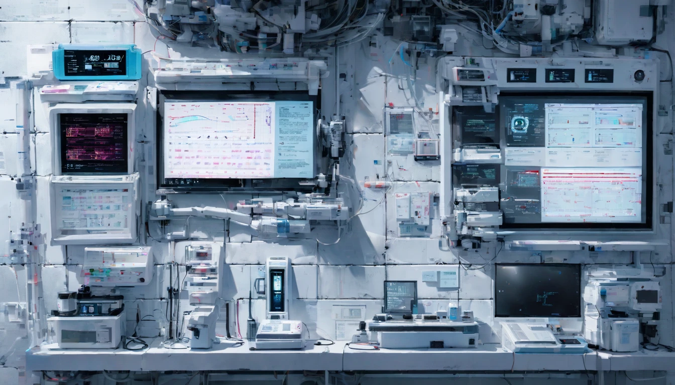 Wall close-up photography,　Take a photo straight-on facing the wall.　 A futuristic clinic features monitors displaying medical and chemical data.。Bright spot with white walls, Scientific research, The camera is parallel