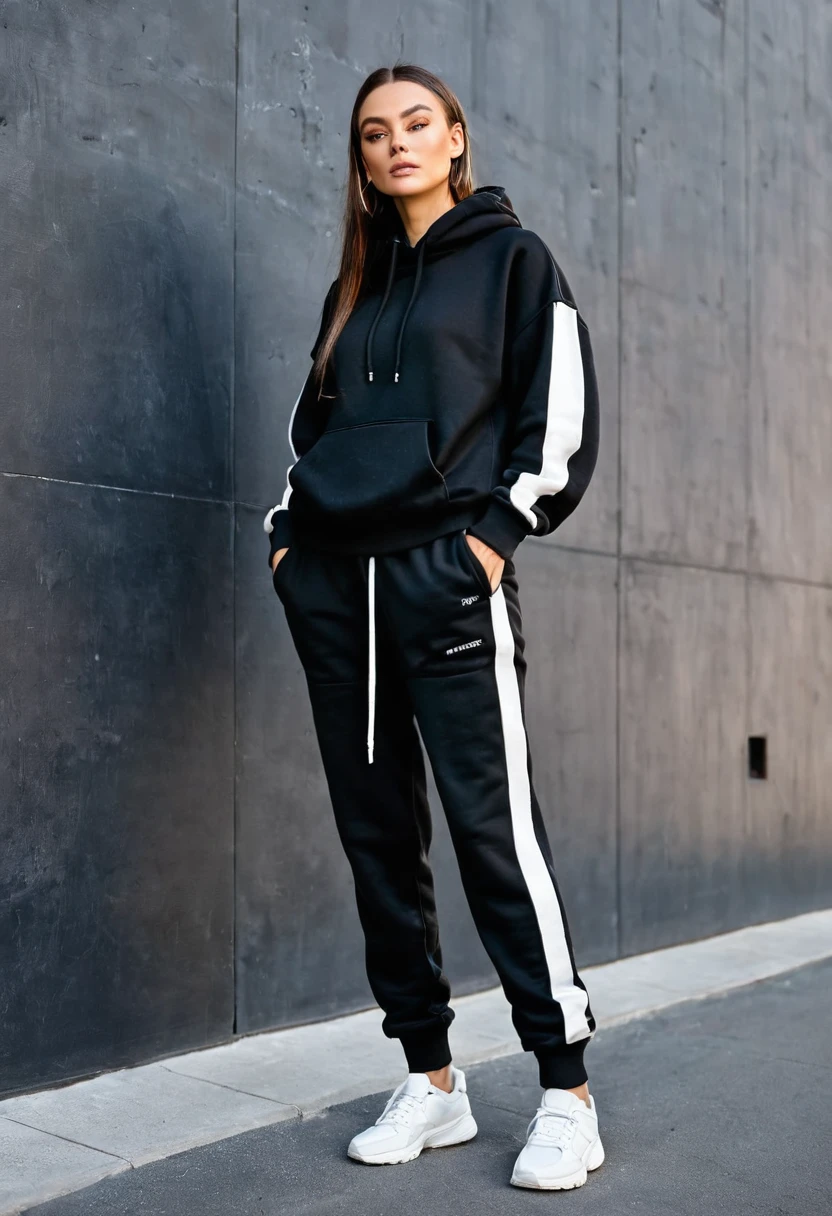 woman in a black sweatshirt and sweatpants stands against the wall, wearing a hoodie and sweatpants, wearing a sports suit, in a tracksuit, Oversized black clothing, sports suit, high waist sweatpants, black sweatpants, casual black clothes, in jeans and a black sweatshirt, woman in street clothes, two piece workout clothes, black outfit