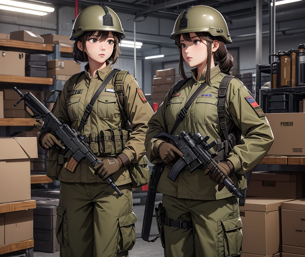 A group of female soldiers wearing brown military uniforms、Wear a steel helmet、Military Pants、Tactical shoulder strap、Magazine Pouch、Indoor warehouse、Patrol with guns、Write details、masterpiece、best quality、Highly detailed CG、8K picture quality