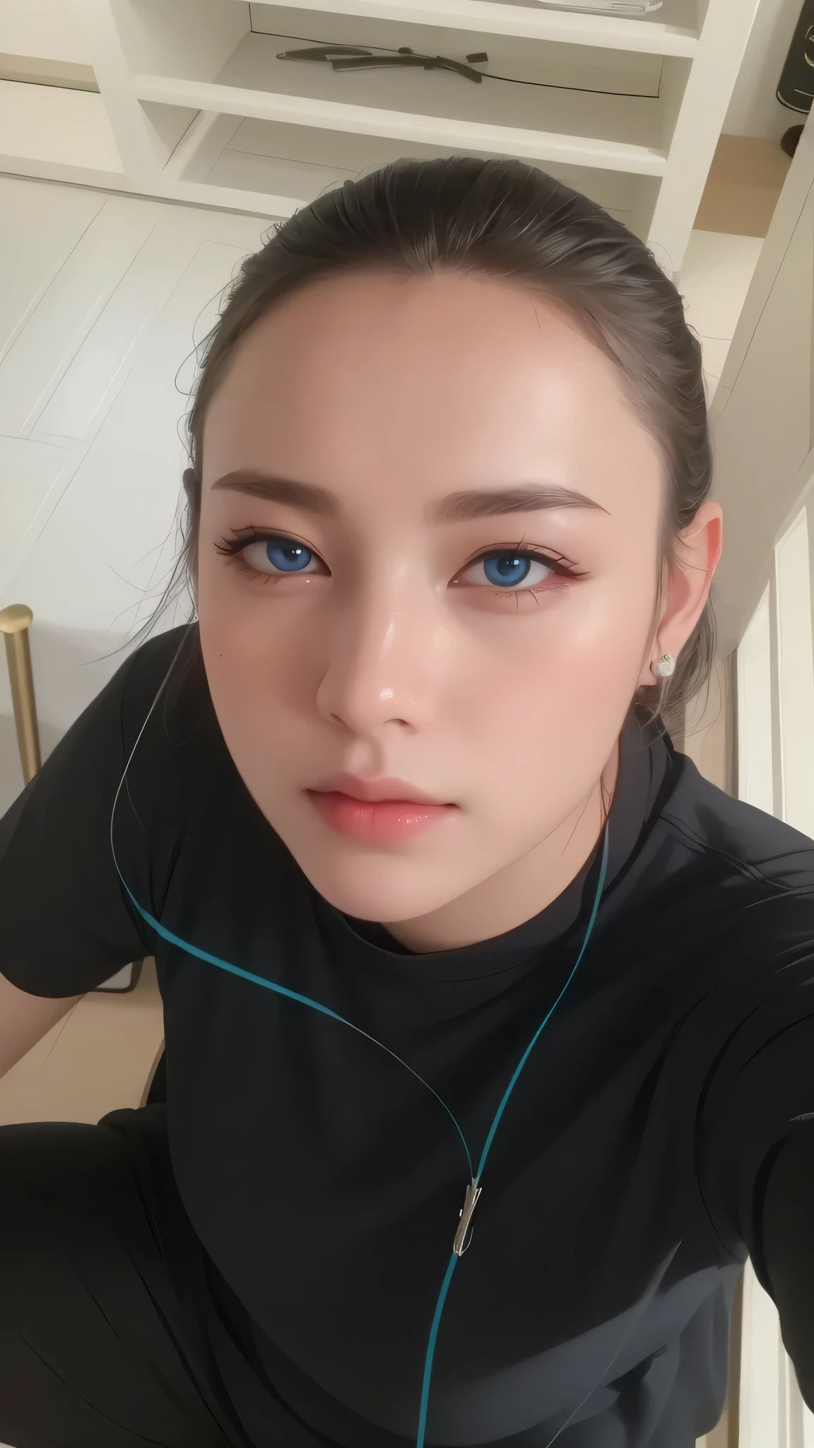Beautiful big breastokeh), indoors, detailed luxury living room, gentle and charming beautiful goddess, Korean(kpop-idol), solo, necklace, oval face, double eyelids, smart, good hands, good feet, Natural, (from below angle), (glossy skin:1.05), ((low angle)), Perfect figure, (64k, UHD, RAW photo, best quality, masterpiece:1.4), (realistic, photo-realistic:1.37), ultra high res, photon mapping, radiosity, physically-based rendering, professional soft lighting, blue eyes, purpel hair