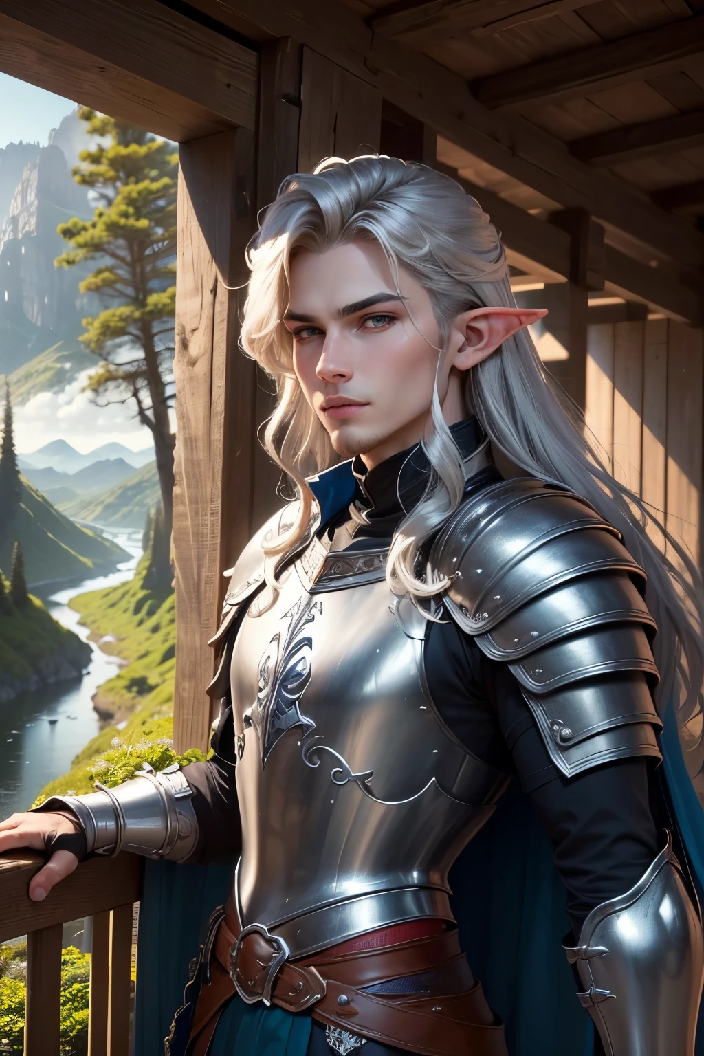 ((best quality)), ((masterpiece)), (detailed), Prize-winning works, with incredible details, maximum textures and details, uhd ,8K,super resolution ,depth of field, retina, masterpiece, anatomically correct, textured skin, super detail, high details, highres ,1 Male elf fantasy warrior adventurer ,long gray hair ,face ultradetailed ,blue colored eyes, wide chin,a slight charming smile , wearing medieval blue armor  , blue gauntlets and gloves, black green breastplate,blue and silver long cape ,fully body, hyper-detailed piercing eyes ,blue heavy armor (25 year old young man :1.1,detailedeyes, face detailed, whole body:1.1,the bottom is a valley ,mountains and forest ),(best qualityer:1.2,ultra detali:1.1,realisitic:1.37) ,eyeshadows,sharp focus,swirly vibrant colors,)