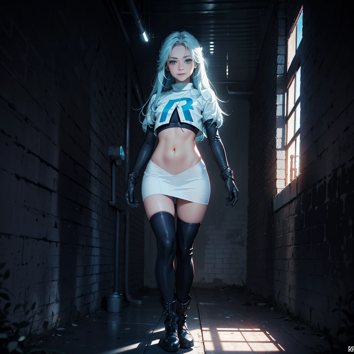 1girl, (solo), very long straight hair, light blue hair, flat chest, small size, blue eyes, fair skin, glossy lips, team rocket uniform, blue letter A, white skirt, white crop top, black thigh-high boots, black elbow gloves, smile, looking down on viewer, walking, naked sex, sex view, full body, (days), sun, out forest, (very sexy body, detailed face, masterpiece, highly detailed, 8k, best quality, vibrant colors, digital art, concept art)