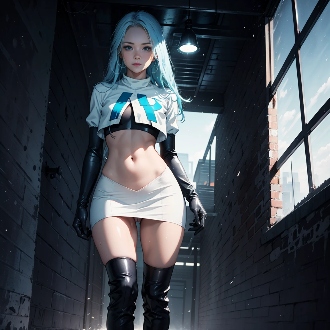 1girl, (solo), very long straight hair, light blue hair, flat chest, small size, blue eyes, fair skin, glossy lips, team rocket uniform, blue letter A, white skirt, white crop top, black thigh-high boots, black elbow gloves, smile, looking down on viewer, walking, naked sex, sex view, full body, (days), sun, out forest, (very sexy body, detailed face, masterpiece, highly detailed, 8k, best quality, vibrant colors, digital art, concept art)