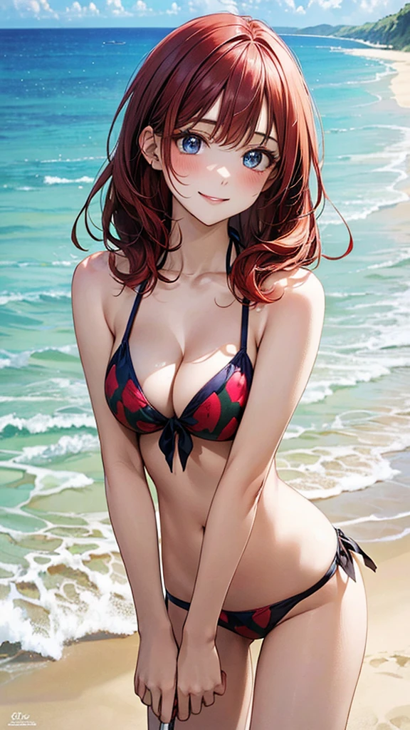 (perfect eyes), Anime style, Painting, absurderes、perfect anatomia、Hani , azur Bra visible、breasts out、long hair, ‎cleavage of the breast, small breasts, on the beach, see-through, white shirt, red blush, smile, redhead, red hairs, azur string, looking at the ground, black panties, black bra