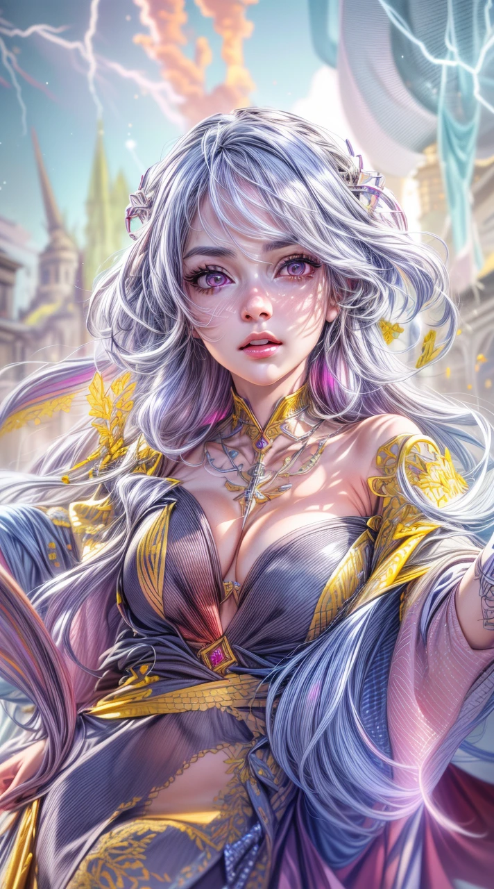 Best quality, masterpiece, ultra high res, (photorealistic:1.4), 1girl wearing a crown , pink eyes, gray hair, professional lightning, sharp focus, deep shadow, (extremely detailed CG unity 4k fhd wallpaper), 8k. 