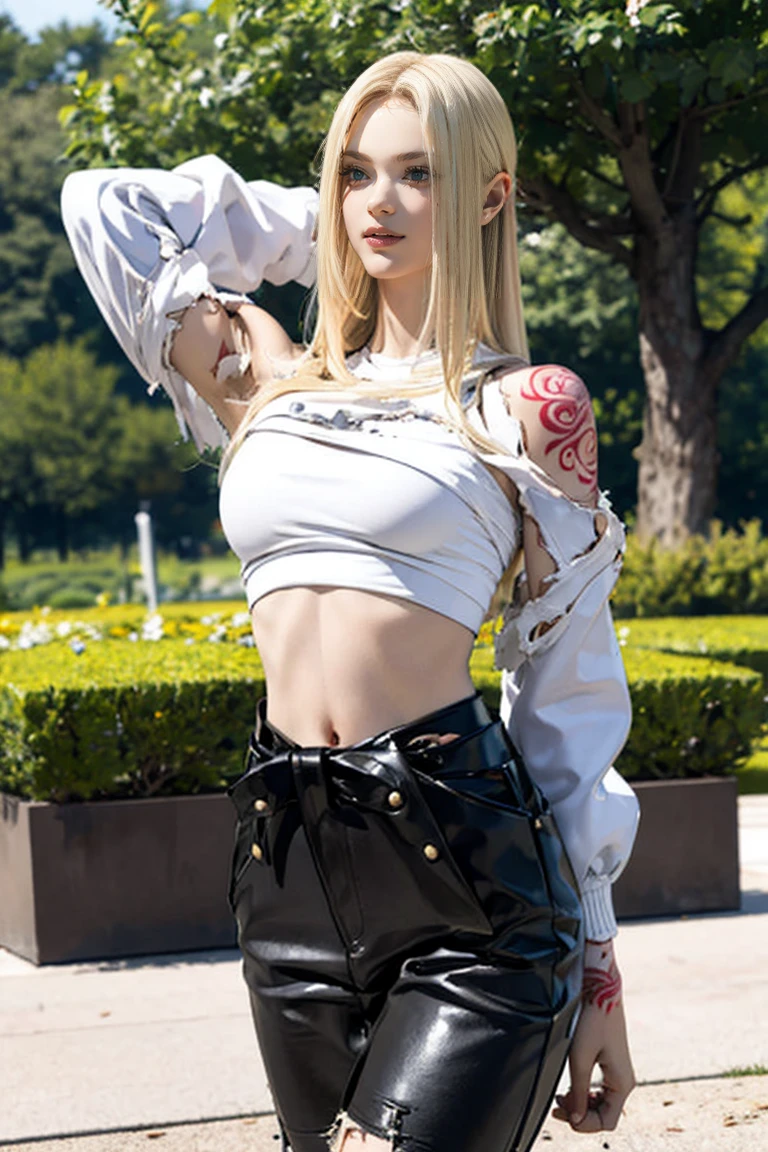 masterpiece, Highest quality, One Girl, beautiful, Understood, delicate, extremely difficult, detailed, blonde, Jacket, blue eyes, ((masterpiece)), extremely detailed, Highest quality, High resolution, ((at the park)), Bridget, smile,Wet skin and hair, blonde, (White shirt, Torn, No underwear), (Sexually excited expression:0.7), Long Hair, Open ((Perfect body)), Realistic Fashion, High resolutionシステムのdetailed, photo shoot , Sharpness,(((He has many tattoos all over his body)), (((Tight waist))), ((Big Breasts)),(See-through),panties