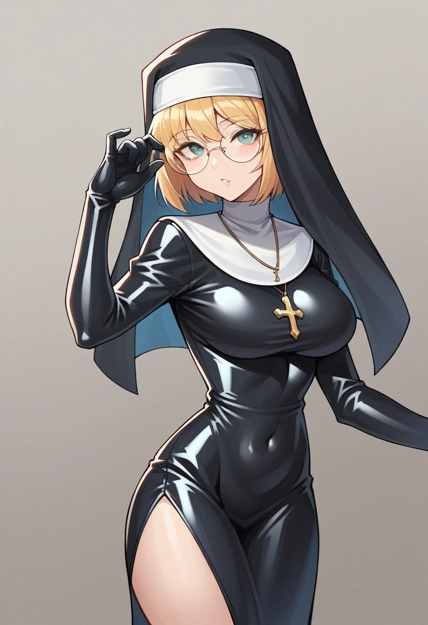 1girl, round glasses, ((blue elbow gloves)), ((latex gloves)), ((long sleeves)), ((nun outfit)), looking at viewer, standing, solo
