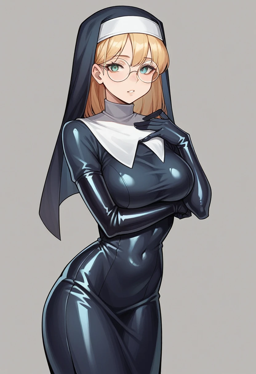 1girl, round glasses, ((blue elbow gloves)), ((latex gloves)), ((long sleeves)), ((nun outfit)), looking at viewer, standing, solo