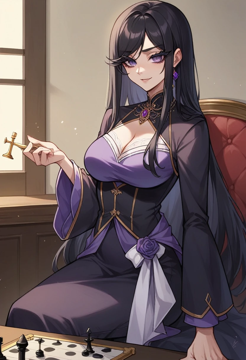 long dark black hair female, playing chess pov, beautiful, hime, straight black hair, noble attire, purple clothes, purple eyes, manhwa style, aristocrat, noble lady, mocking smirk, smart, cunning, 15 years old, elegant, sitting, thick eyelashes
