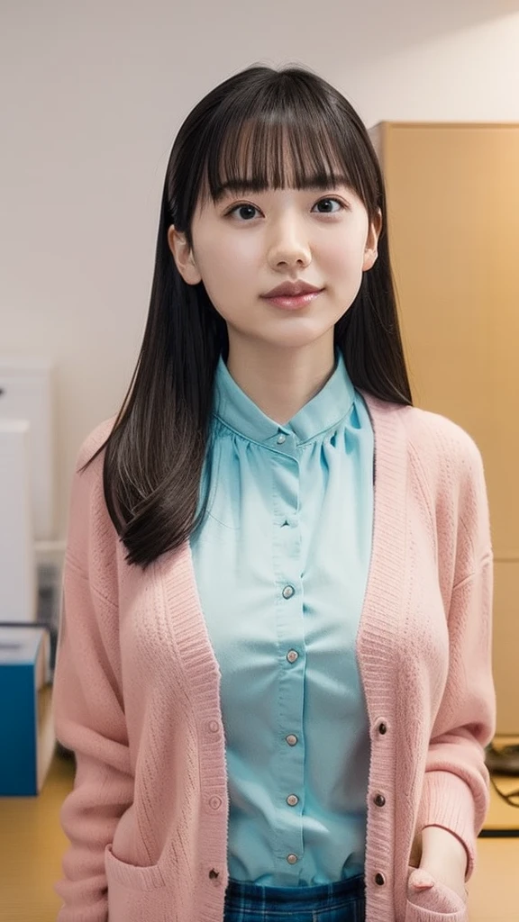 slender girl, (make up:1.1), (Pink cardigan:1.2), middle breasts, at school room, (upper body shot:1.1), round face