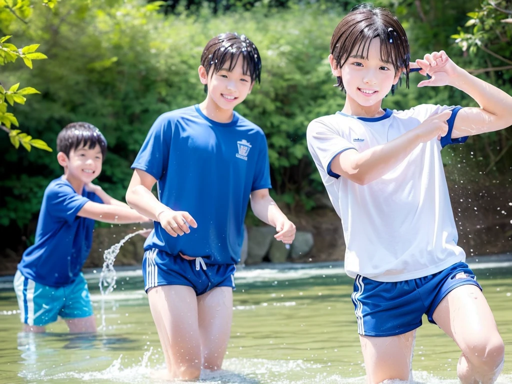 In the forest、Swimming in the river、Cool and refreshing water、Cute boy、Popular actors、10Year old boy、The boys are playing、Get wet all over、Noisy boys、Splashing Water、Boy in gym clothes、The bottom of the white T-shirt is blue、Blue shorts、Japanese、(Boy 1.4)