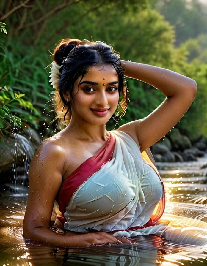 Photorealistic American of Beautiful naked American. Looking like zeenat amaan woman wearing a white saree, taking bath in river Photorealistic image of a beautiful Indian woman with sun-kissed skin and long, black hair tied in a loose bun. She wears a simple wet elegant cotton white transparent saree whitered border. Her  clearly visible.side pose. woman stands knee-deep in the clear, flowing water of a river, gently scooping water with a brass pot and pouring it over her head. Her eyes are closed in serenity, and a peaceful smile rests on her lips. Background: Lush green hills bordering the river, with the rising sun casting a warm glow on the scene. Camera: Medium shot, 50mm lens, slightly off-center view. Render: High resolution, detailed, natural light, soft focus on background. Big , thick, georgeous, hot