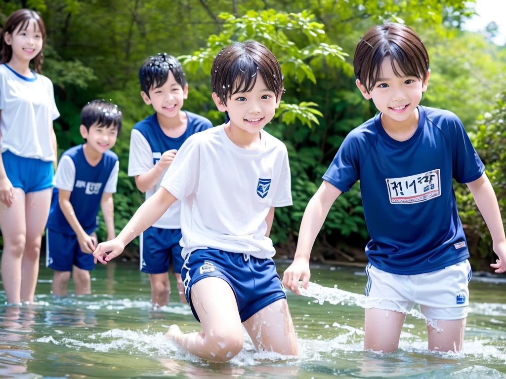 In the forest、Swimming in the river、Cool and refreshing water、Cute boy、Popular actors、10Year old boy、The boys are playing、Get wet all over、Noisy boys、Splashing Water、Boy in gym clothes、The bottom of the white T-shirt is blue、Blue shorts、Japanese、(Boy 1.4)