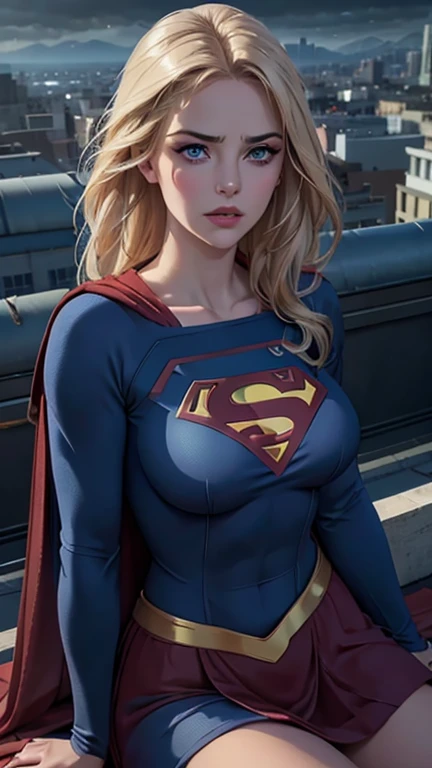 a supergirl sitting on a rooftop building, lost in deep thought, looking at the city, beautiful detailed eyes, beautiful blue eyes, both eyes are similar, beautiful detailed lips, extremely detailed face, long eyelashes, beautiful detailed costume, blonde hair, big breasts, dynamic pose, cinematic lighting, epic cityscape, moody atmosphere, dramatic shadows, vibrant colors, photorealistic, 8k, best quality, hyper detailed, masterpiece