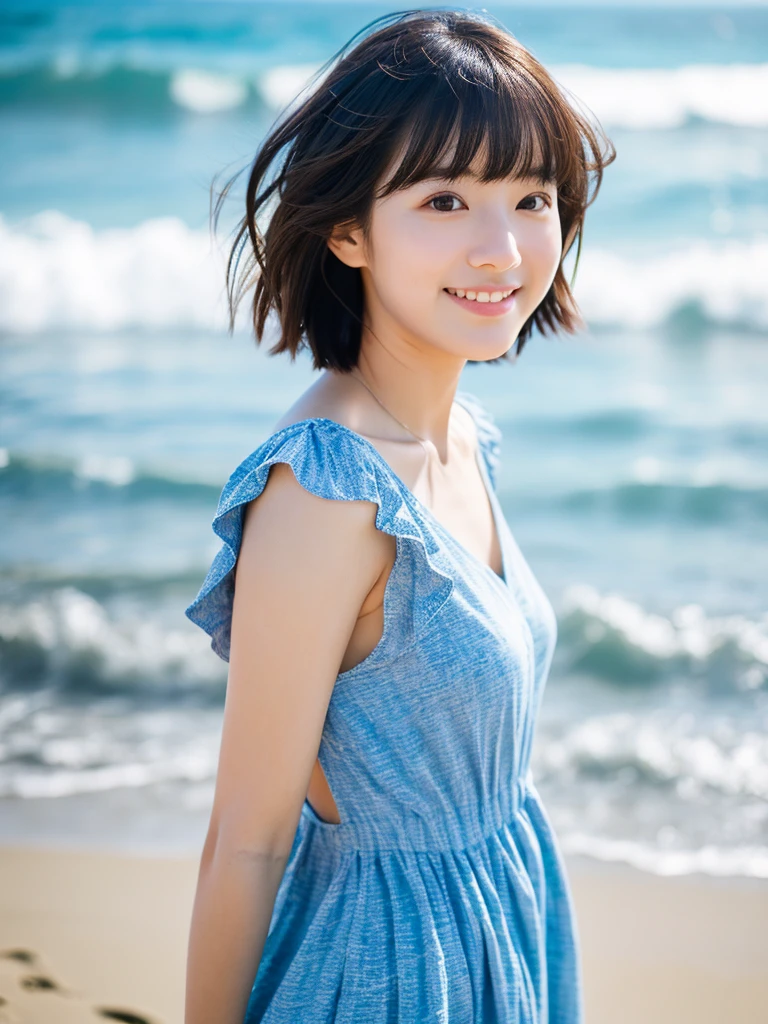 Image quality:best quality
Camera Focus: blur background
light:Side light
composition:Composition of thirds、Person turns around and looks at the camera:20 years old woman,Japanese,actress
pose: walking background: Ocean、Beach hairstyle: Short Bob、With bangs
Dress:casual
facial expression: happy