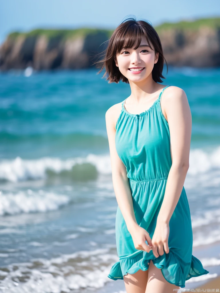 Image quality:best quality
Camera Focus: blur background
light:Side light
composition:Composition of thirds、Person turns around and looks at the camera:20 years old woman,Japanese,actress
pose: walking background: Ocean、Beach hairstyle: Short Bob、With bangs
Dress:casual
facial expression: happy
