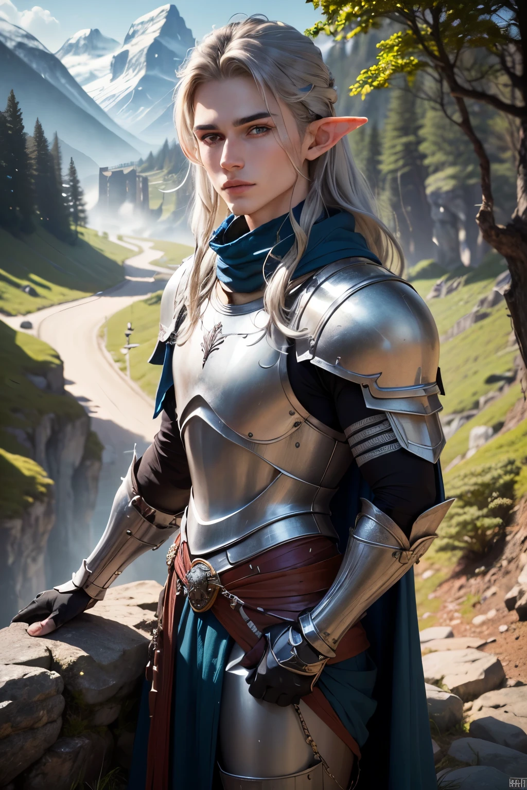 ((best quality)), ((masterpiece)), (detailed), Prize-winning works, with incredible details, maximum textures and details, uhd ,8K,super resolution ,depth of field, retina, masterpiece, anatomically correct, textured skin, super detail, high details, highres ,1 Fantasy adventurous male elf ,long gray hair ,face ultradetailed ,blue colored eyes, wide chin,a slight charming smile , wearing medieval blue light armor , blue gauntlets and gloves, black green breastplate,blue and silver long cape ,fully body, hyper-detailed piercing eyes ,blue heavy armor (25 year old young man :1.1,detailedeyes, face detailed, whole body:1.1,the bottom is a valley ,mountains and forest ),(best qualityer:1.2,ultra detali:1.1,realisitic:1.37) ,eyeshadows,sharp focus,swirly vibrant colors,)