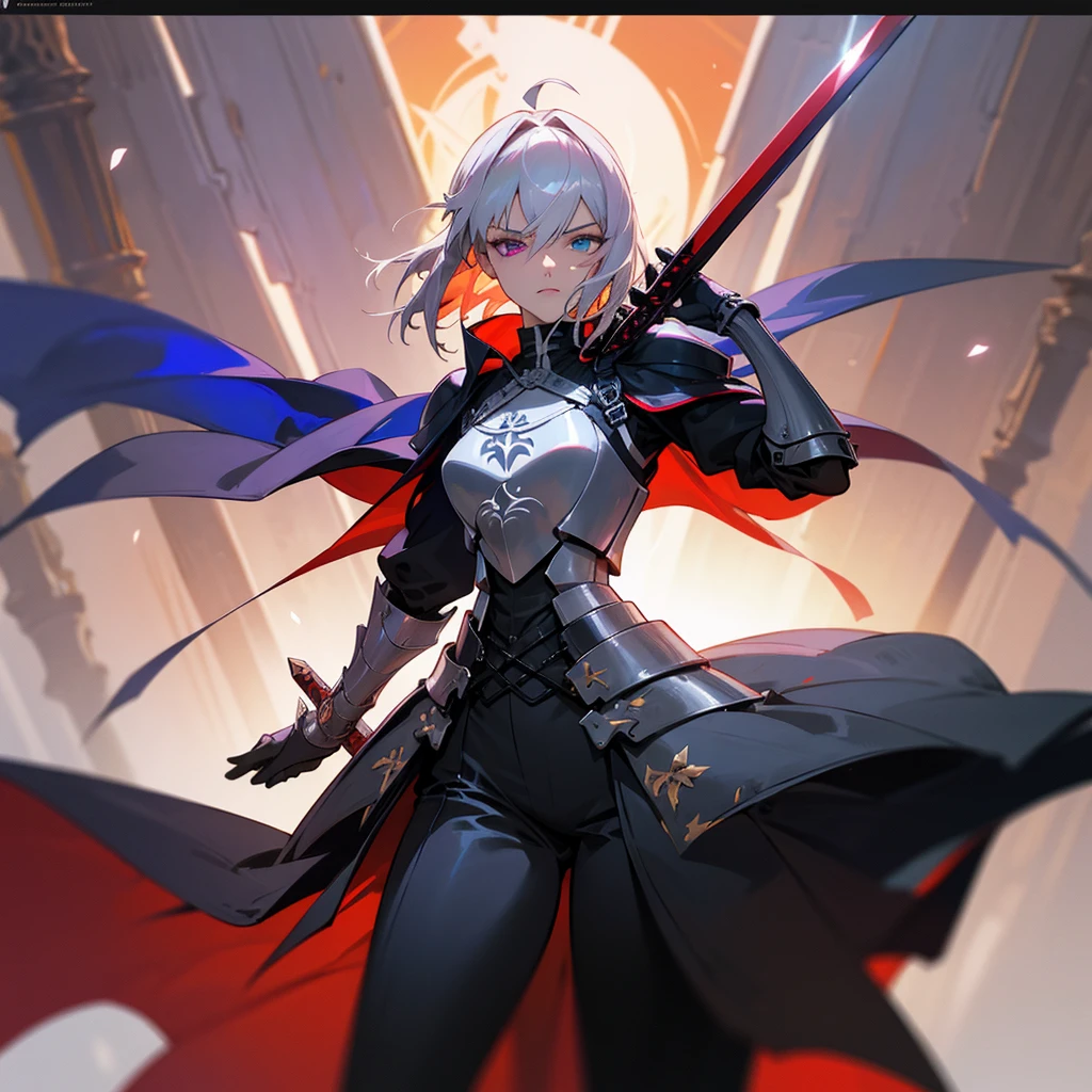 Elegant woman with cool red-purple heterochromia eyes, wearing an armor dress, black trousers, white short straight hair (top quality, 8k, high, masterpiece), highly detailed facial features, intricate details, natural lighting, warm colors , soft focus, digital painting, fantasy art, silhouette, red light, eerie atmosphere, foggy, holding a sword, Excalibur(Fate), Artoria Alter