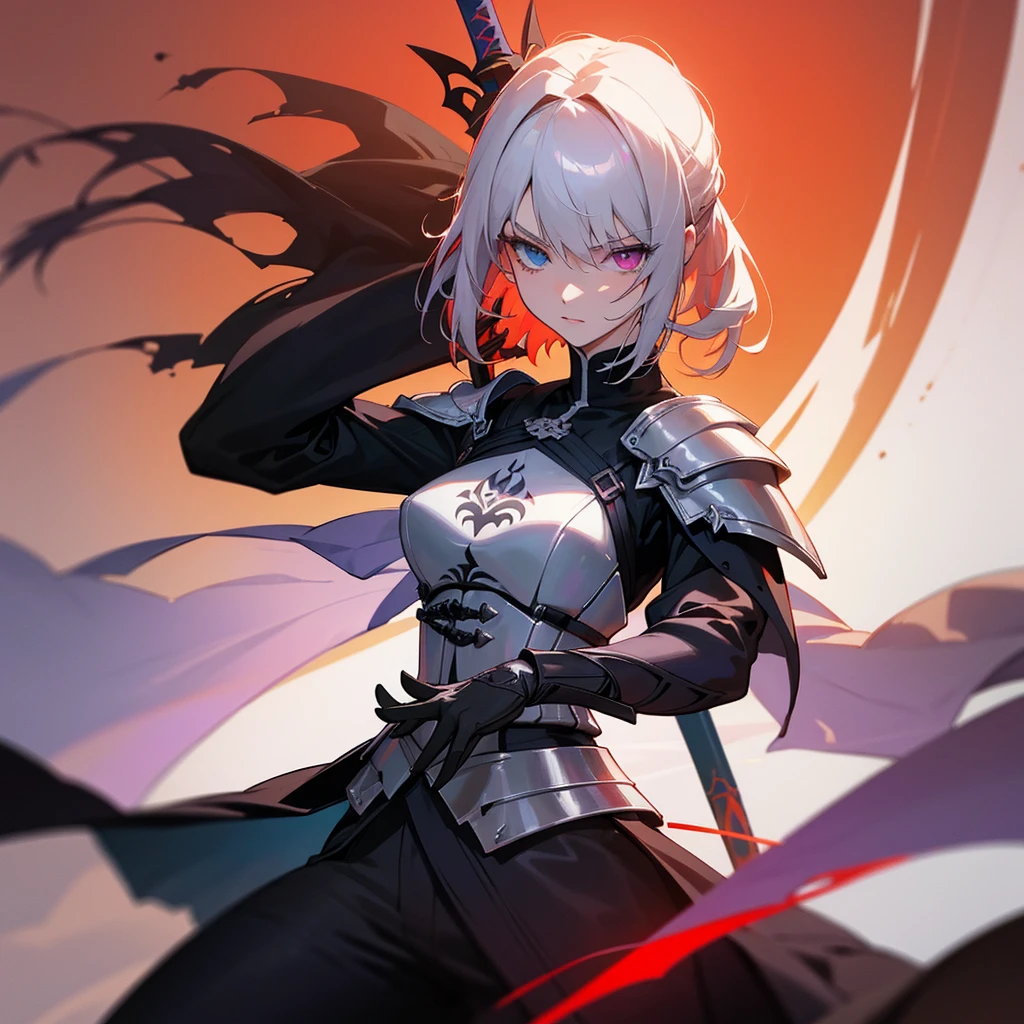 Elegant woman with cool red-purple heterochromia eyes, wearing an armor dress, black trousers, white short straight hair (top quality, 8k, high, masterpiece), highly detailed facial features, intricate details, natural lighting, warm colors , soft focus, digital painting, fantasy art, silhouette, red light, eerie atmosphere, foggy, holding a sword, Excalibur(Fate), Artoria Alter