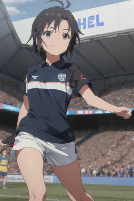 (((pixel-perfect, detail-perfect))), solo, 1girl, makoto kikuchi, soccer outfit, shoes, efootball stage, looking at viewer, smile, upper body