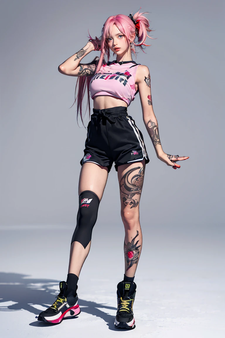 Perfect Style, Beautiful Face, Highly detailed face and skin texture, (Maximum resolution: 1.2), 1 female, alone, Hip Up, jewelry, (((He has many tattoos all over his body)), Streetwear, Put your hands behind your back, Pink Hair, Shorts, Sports boots, (((Tight waist))), ((Large Breasts)),