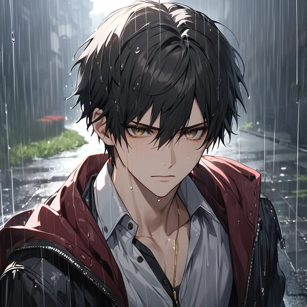 high quality, High resolution, 4K, Handsome man, 1 male, 17 years old, teenager, Golden lining, Short black hair, Sharp eyes, , Dark brown eyes, The devil may cry, Calm expression, Stoic expression, rain,Wet、