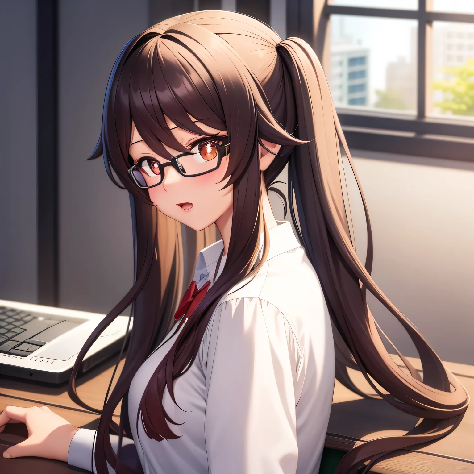 masterpiece, best quality, HuTaoV4, 1girl, solo, blush, twintails, long hair, hair between eyes, glasses, ((office clothes)), office, indoor, computer desk, typing, movie poster, extremely detailed 8K, smooth, high resolution, ultra quality, cinematic lighting, ambient occlusion, hd, 2k, 4k, 8k, 16k, extremely detailed anime, detailed faces, perfect composition, wide shot, atmospheric lighting,