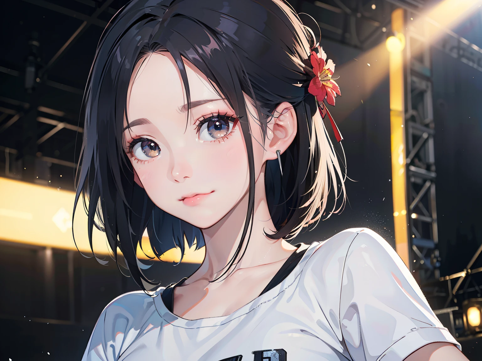 ((Best of the highest quality, 8k, Masterpiece, raw photo: 1.1)), (Sharp focus: 1.1), (1 AESPA, slim body type female, 22 y/o: 1.1), solo, Portrait Waist Up, (realistic, photo-realistic:1.37), face focus, cute face, finely eyes, (short bob hair, updo, forehead: 1.2), (sharp chin, droopy eyes: 1.32), (Emphasize prominent aegyo-sal with bright: 1.28), shimmering eyeshadow applied under the lower lash line, paired with thick, (small breasts, flat chest: 1.2), t-shirt, walking on stage, microphone, flower,