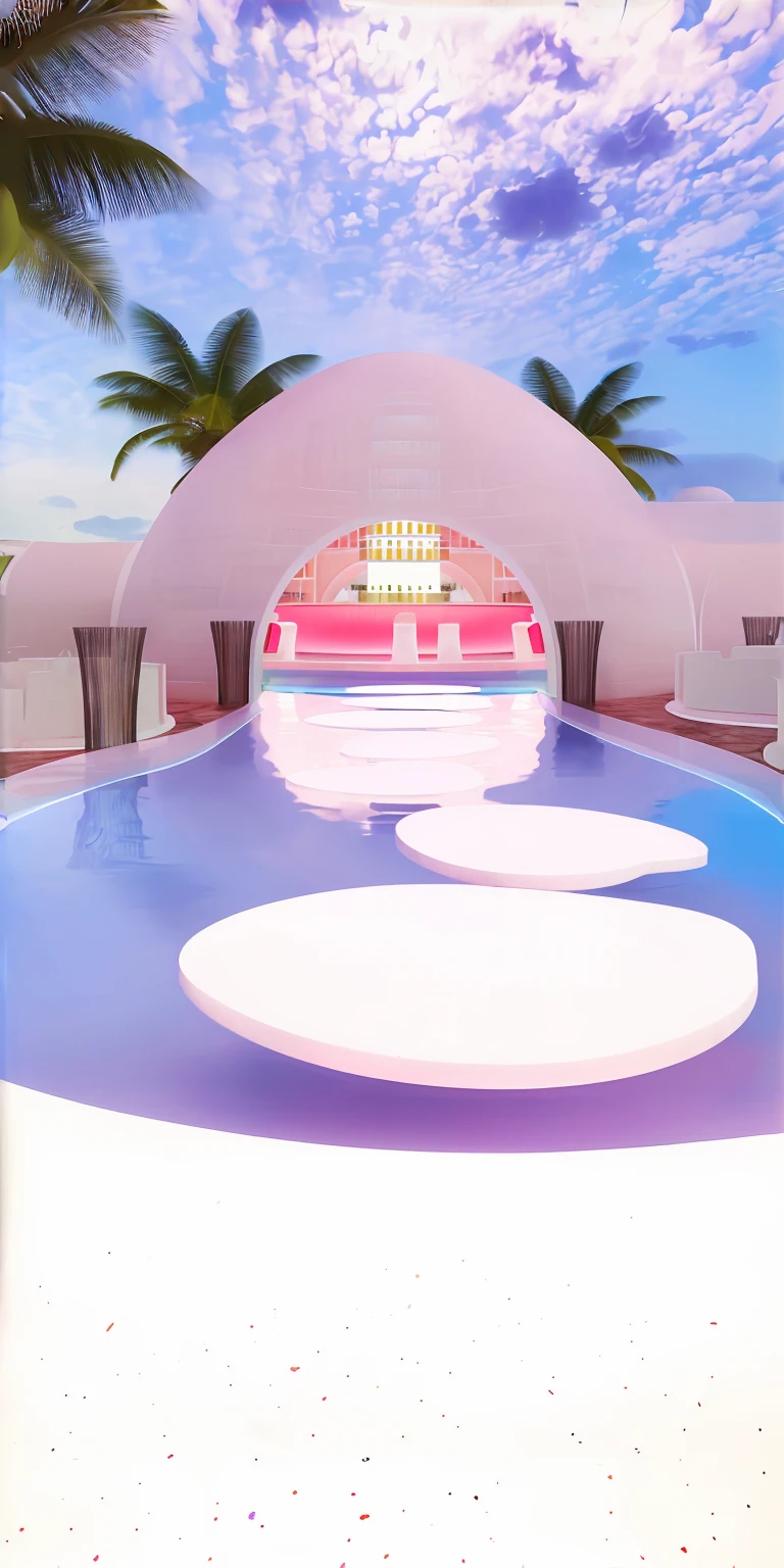 （masterpiece, best quality, high quality, Extremely detailed CG Unity 8K wallpaper, Realistic photos, Depth of Field）, A bar with a white dome, In a futuristic desert palace, Kawaii HD Rendering, Karim Rashid, Inspired by Joao Artur da Silva, take, Vaporwave Building, Neon City Dome, Palace on the water, Inspired by Cherryl Fountain, Pink Arch, Inspired by Riccardo Bofill, In a Candy Land-style house, Dreamy atmosphere