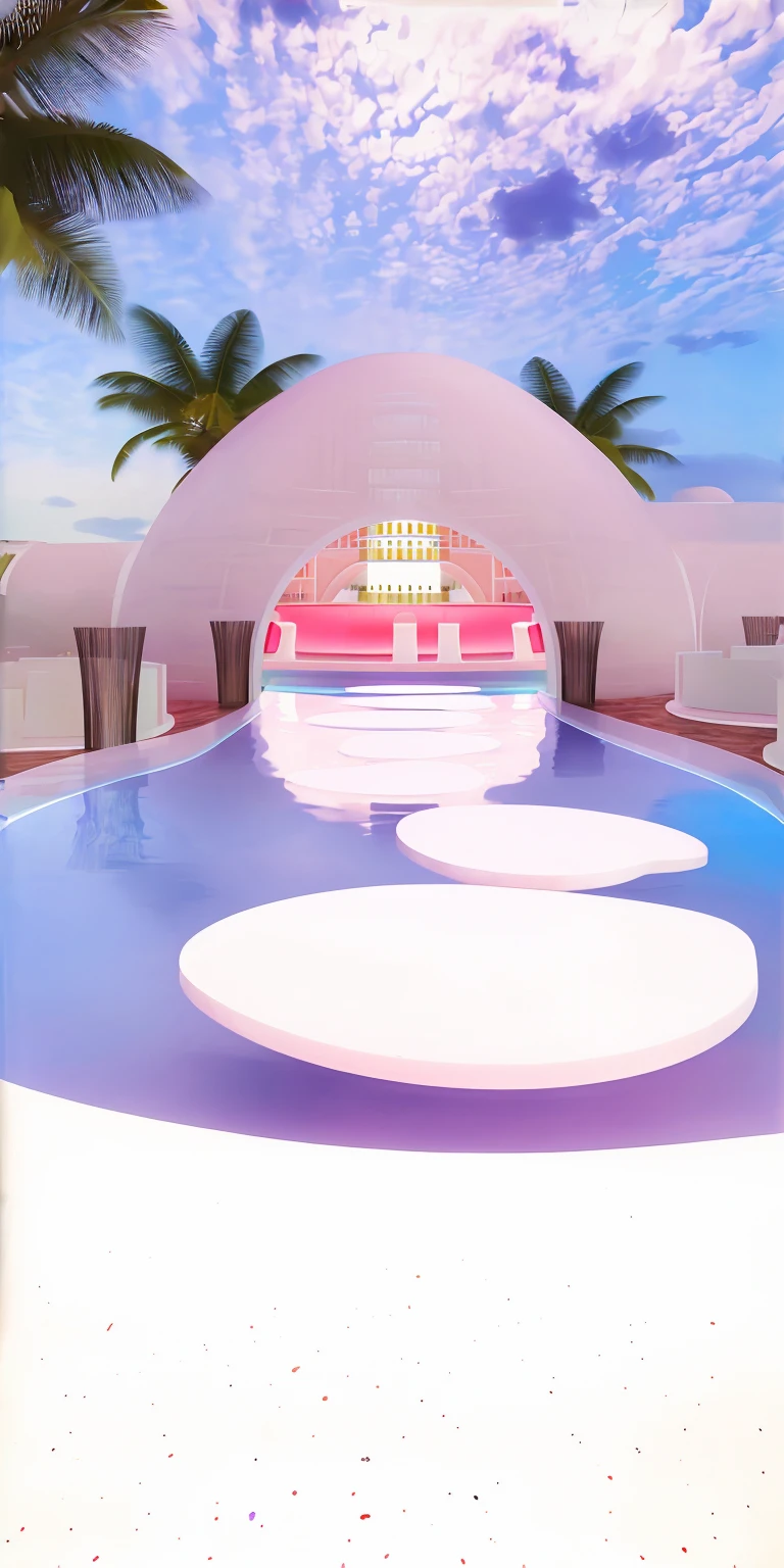 （masterpiece, best quality, high quality, Extremely detailed CG Unity 8K wallpaper, Realistic photos, Depth of Field）, A bar with a white dome, In a futuristic desert palace, Kawaii HD Rendering, Karim Rashid, Inspired by Joao Artur da Silva, take, Vaporwave Building, Neon City Dome, Palace on the water, Inspired by Cherryl Fountain, Pink Arch, Inspired by Riccardo Bofill, In a Candy Land-style house, Dreamy atmosphere