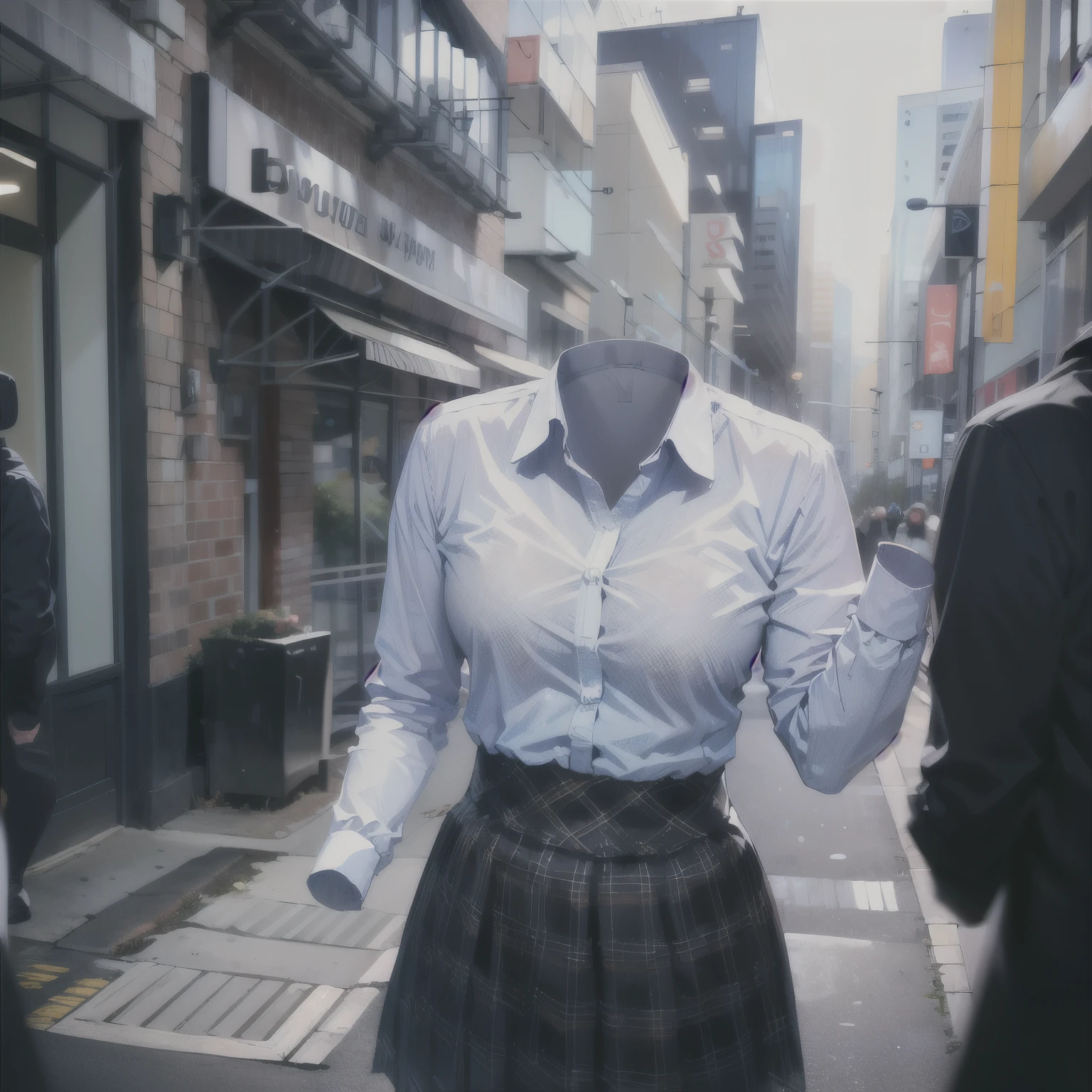 school blouse, plaid skirt, in city, (invisible, no humans, headless, faceless:1.5), cute big breast, absurdres, highres, ultra detail, Clothing Details, close view , leaning forward