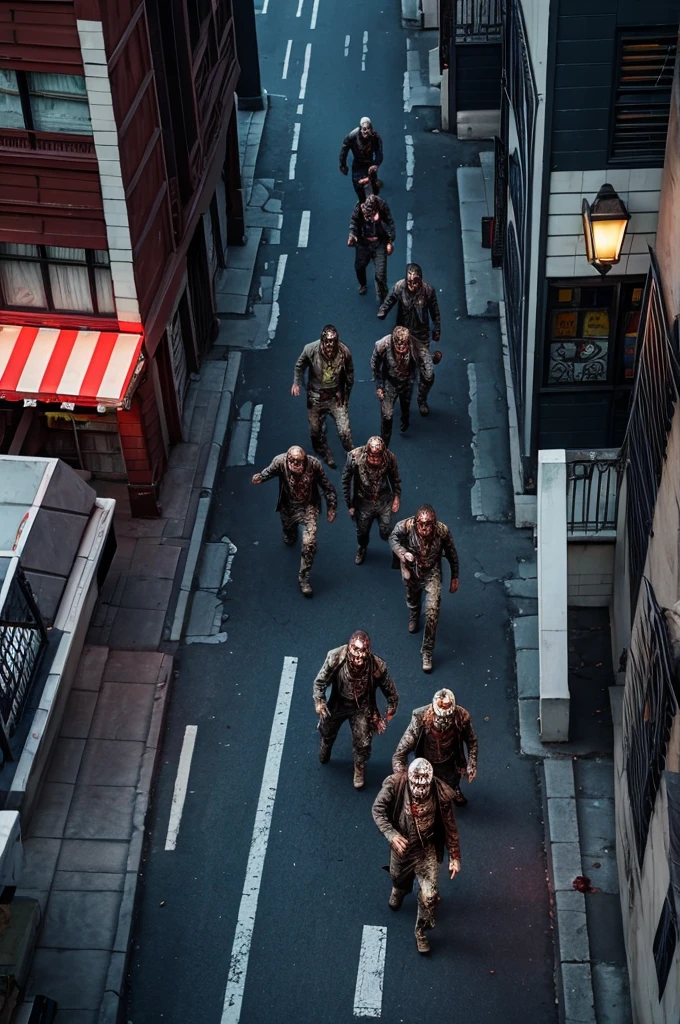 Zombies are roaming the streets of the city，Top view