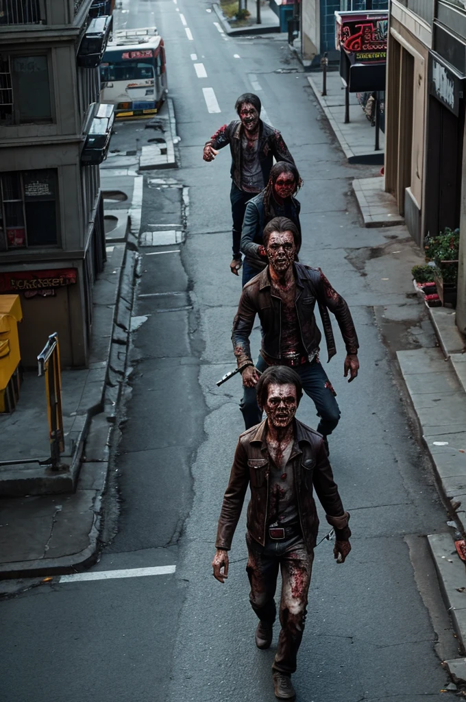 Zombies are roaming the streets of the city,Top view