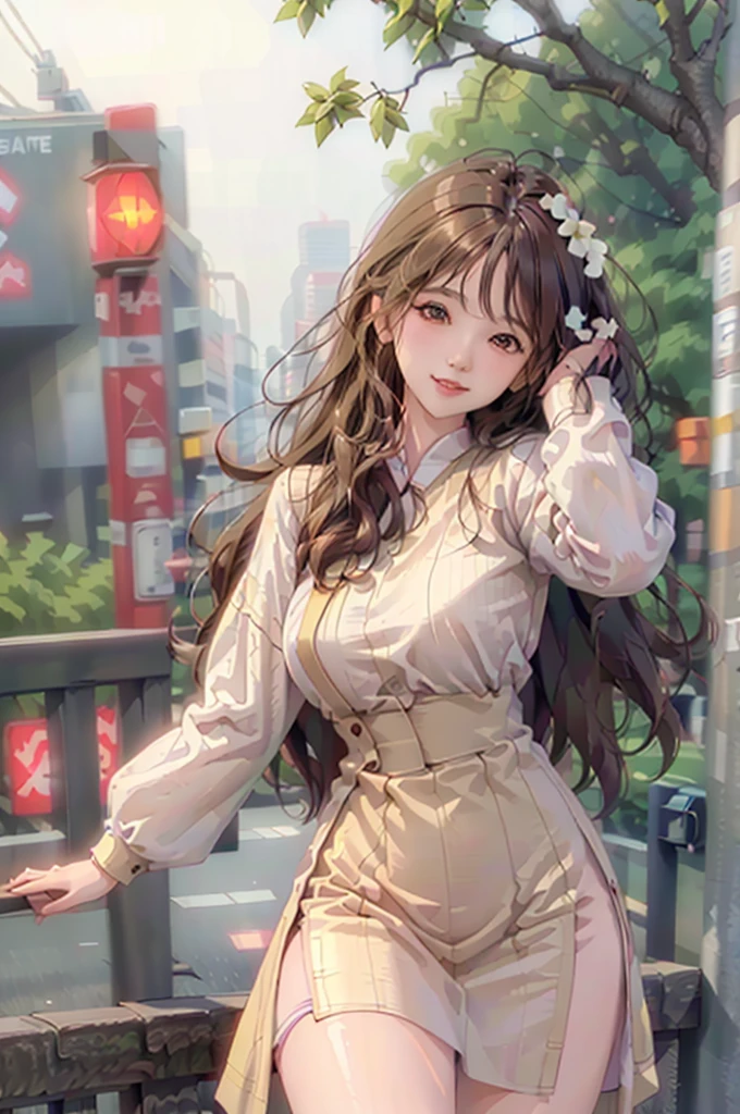 (8K, Highest quality, Tabletop: 1.2), (Realistic, Realistic: 1.37), Super detailed, Highest quality, Ultra-high resolution, Professional Lighting, Photon Mapping, Radio City, Physically Based Rendering, Cinema Lighting, Pedestrian-only roads, Rain depth of field, Clear focus, sunlight, Good composition, (Bokeh: 1.2) One Girl, alone, (Close-up view), Beautiful attention to detail, smile, Pause, Tight waist, Medium Chest, Black Hair, My hair is messy, Long hair blowing in the wind, (Urzan-6500:1.2)