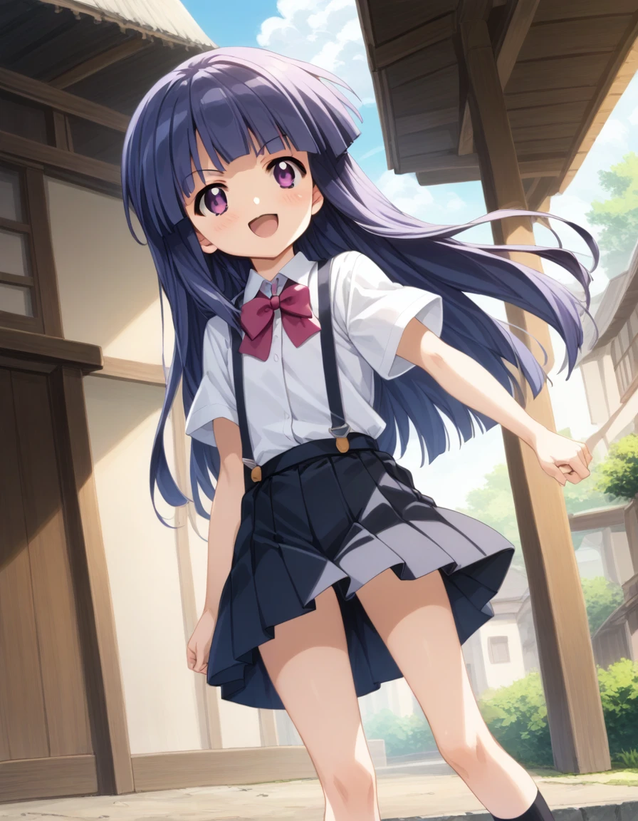 score_9, score_8_up, score_7_up, score_6_up, source_anime,,,,1girl, solo, furude rika, (tween:1), kawaii, blue hair, purple eyes, long hair, blunt bangs, bangs, simple background, white background, bow, skirt, shirt, suspenders, smile, short sleeves, pleated skirt, white shirt, open mouth, red bow, ^_^, suspender skirt, , black skirt, collared shirt, blush, bowtie, blunt bangs, dress shirtt, , anime screencap, anime coloring.serious,,battlestance.