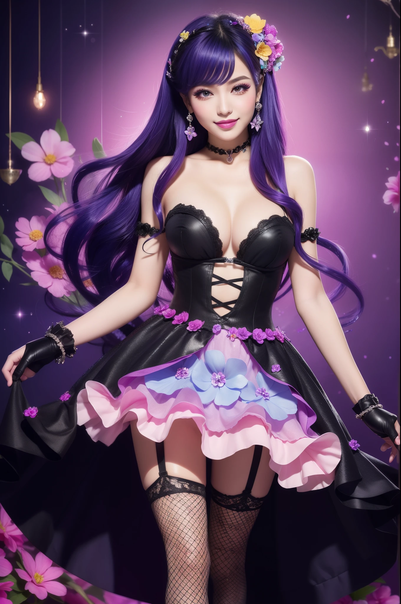 sexy woman who controls poison、beautiful smile、lip-gloss、long lashes、smokey eye-makeup、full body Esbian、、sparkling poisoned flower costume、、、、sparkling Colorful hair、secrete poison、skull hair accessories、fishnet tights、flowers background