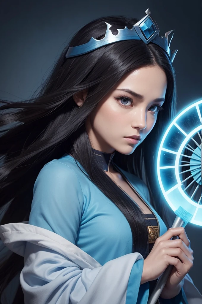 Create an Avatar character: The Last Airbender with long dark hair, smooth and long. your face is serious. She is holding a blue fan. a serious expression, blue fancy clothes, with a princess crown, she's a princess, background of an Avatar city: A lenda de Aang