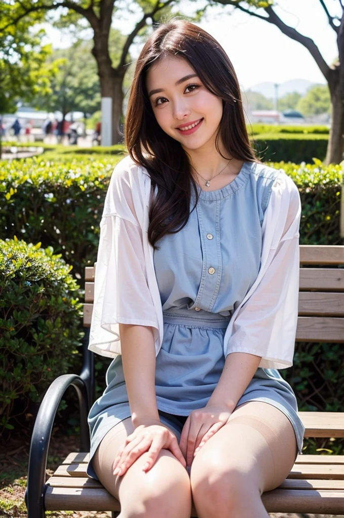 ulzzang-6500-v1.1, (Highest quality: 1.3), (masterpiece: 1.3), (Very detailed: 1.3), (Genuine:1.4), (masterpiece), 1woman、sunlight、Quiet park bench、spring fashion、(Ultra-realistic pantyhose), amazingly beautiful woman、A kind smile、Romantic love sensation、sense of exaltation、enjoy、Filled with joy、Lots of fun、