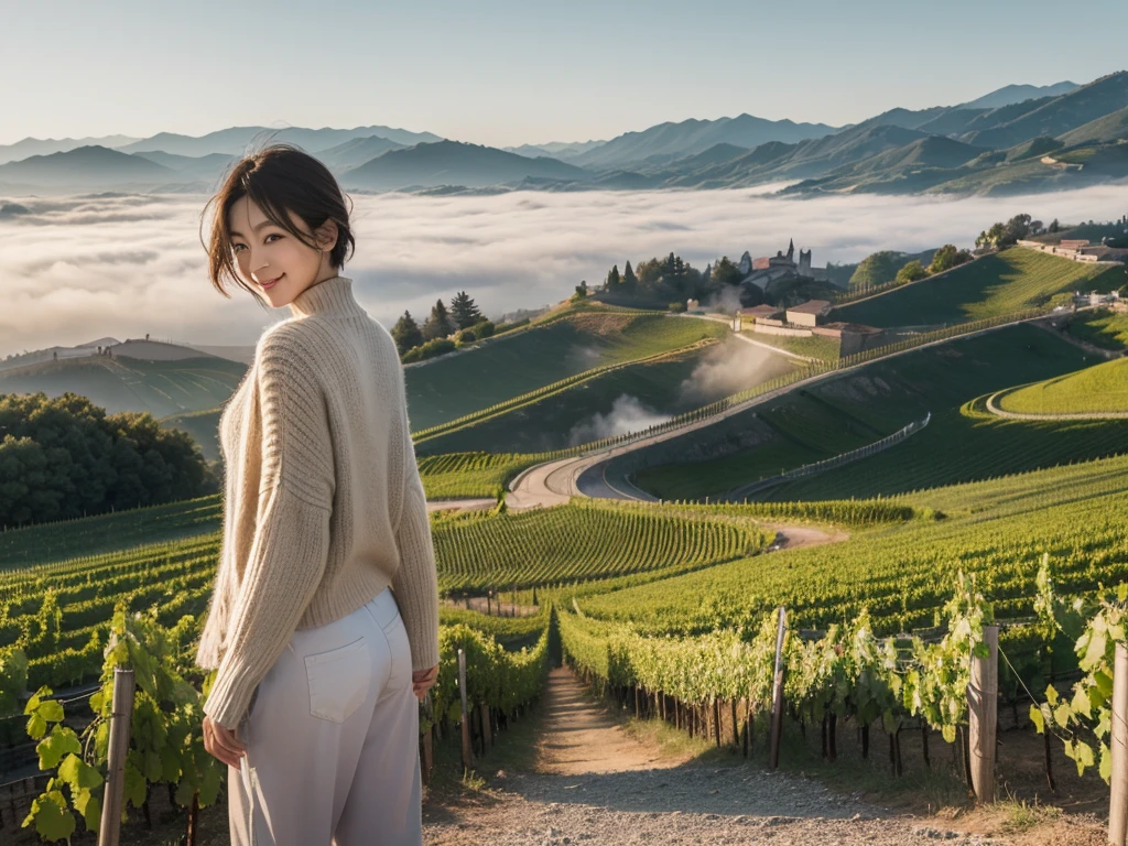 8k best picture quality, Beautiful 36-year-old Korean woman, clear and nice weather. Chest size 34 inches, italian countryside , Past the vineyards, the cathedral can be seen in the distance in the fog.., The back background is realistic and vivid image quality, Short and medium hair blowing in the wind, Wearing high-end luxury knitwear. casual pants, Smile. the background is clear, Short and slim Korean woman, stand far away, Photo taken with a wide-angle lens, short hair blowing in the wind. A woman standing on a hill, Hold both hands in front