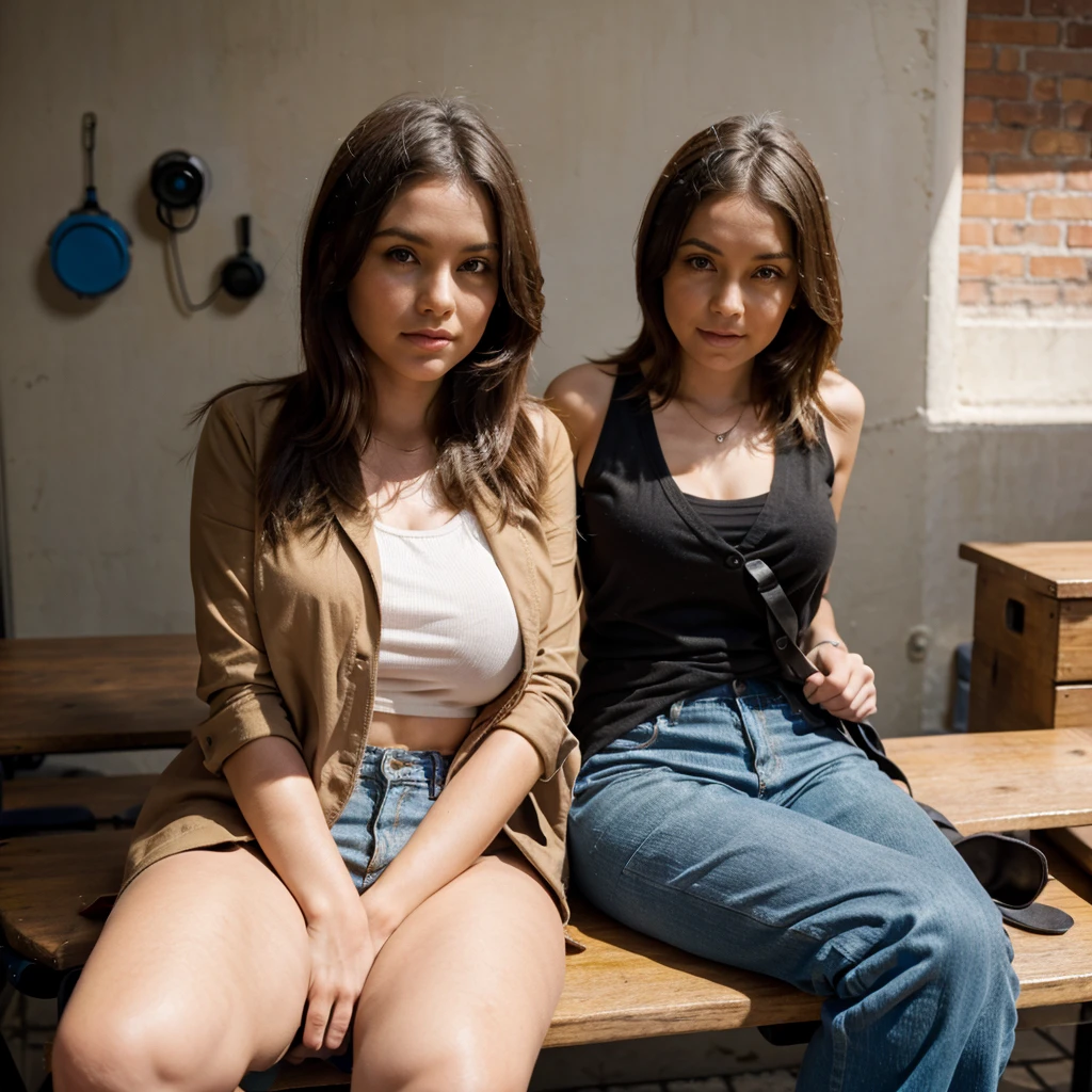 hot girl, big tits wearing a tshirt and waist coat, and short trouser. sitting elegantly for an instagram post. basket ball on one hand. Radio on the bench