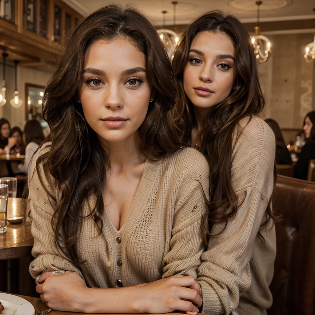 29 year old woman, long brown hair a little curly, Brown eyes, visage parfait, professional makeup like model, C et portant un pull, in a restaurant