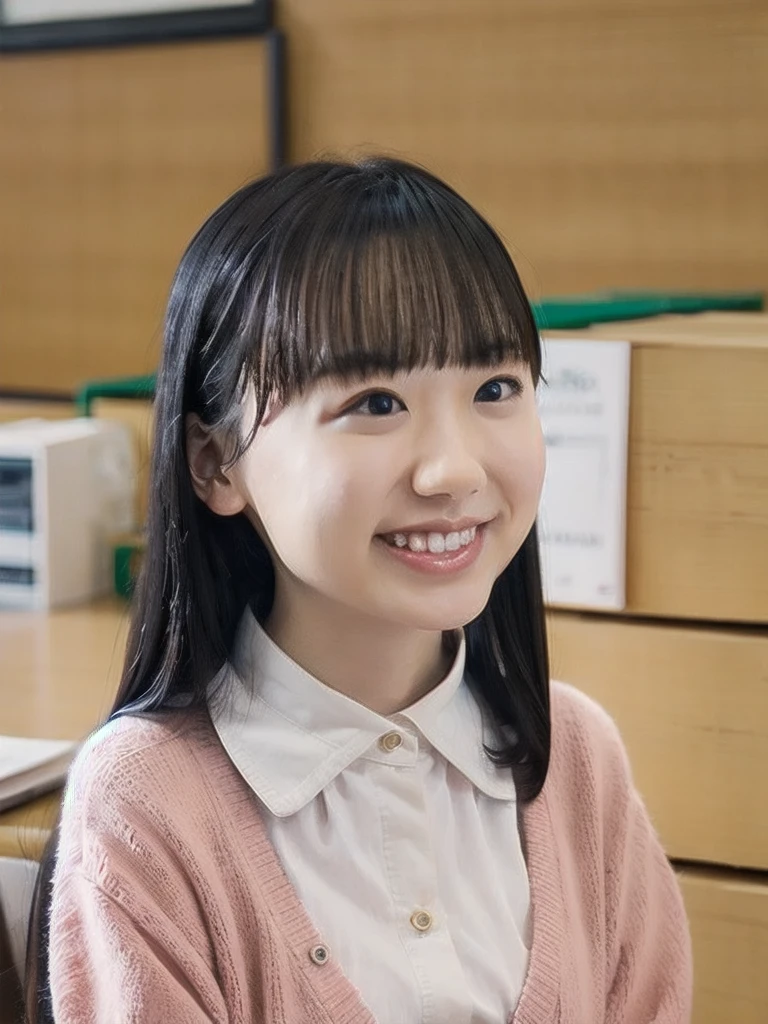 slender girl, (make up:1.1), (Pink cardigan:1.2), middle breasts, at school room, (upper body shot:1.1), round face