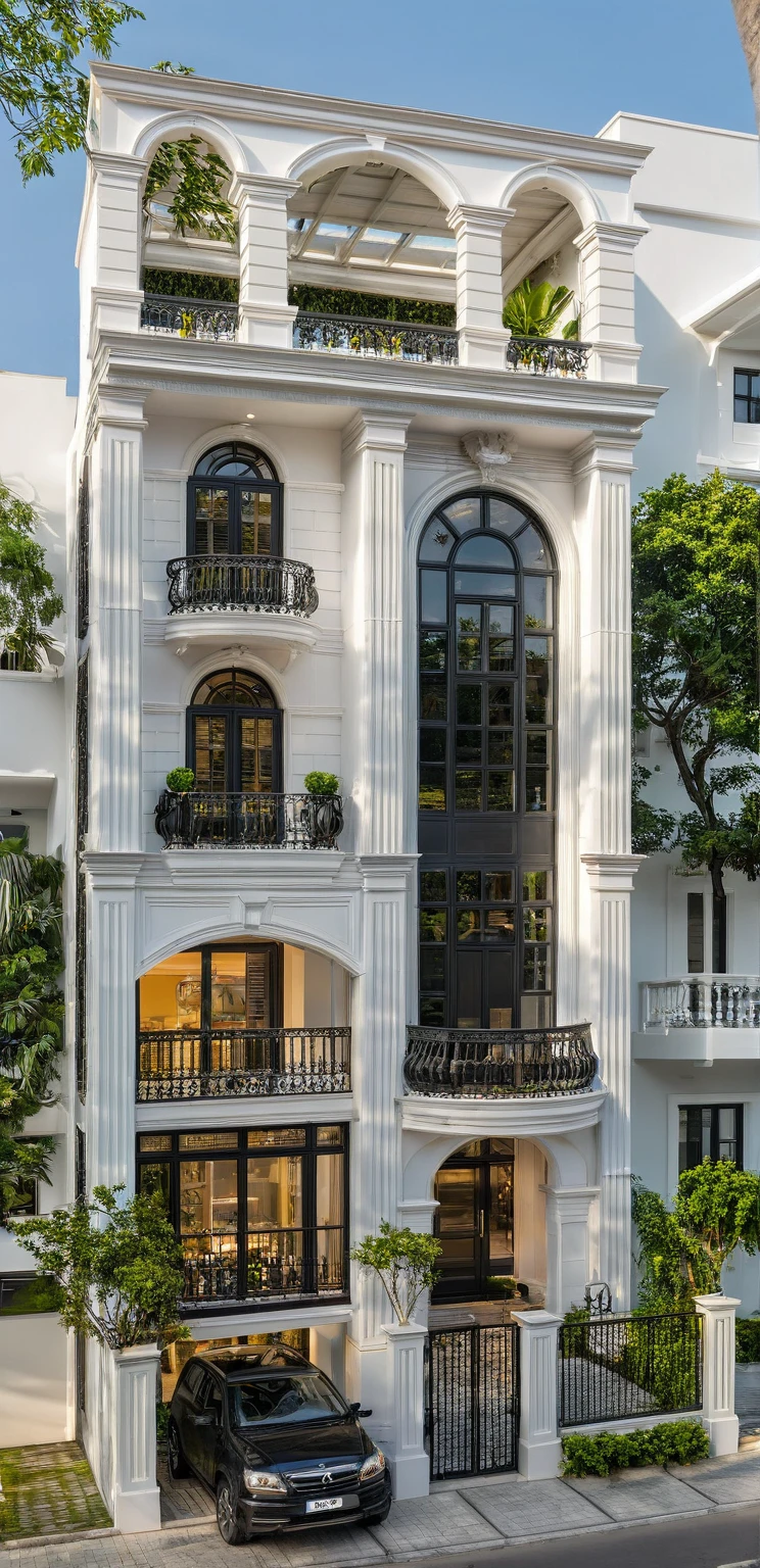 neo classical villa on street, (daylight), tropical tree, vivid colour, streetcapes, white tone, white wall, Gear Class door, warm interior lighting, wood and marble, best quality, 20ArchiAI_XL_NeoTH-v2