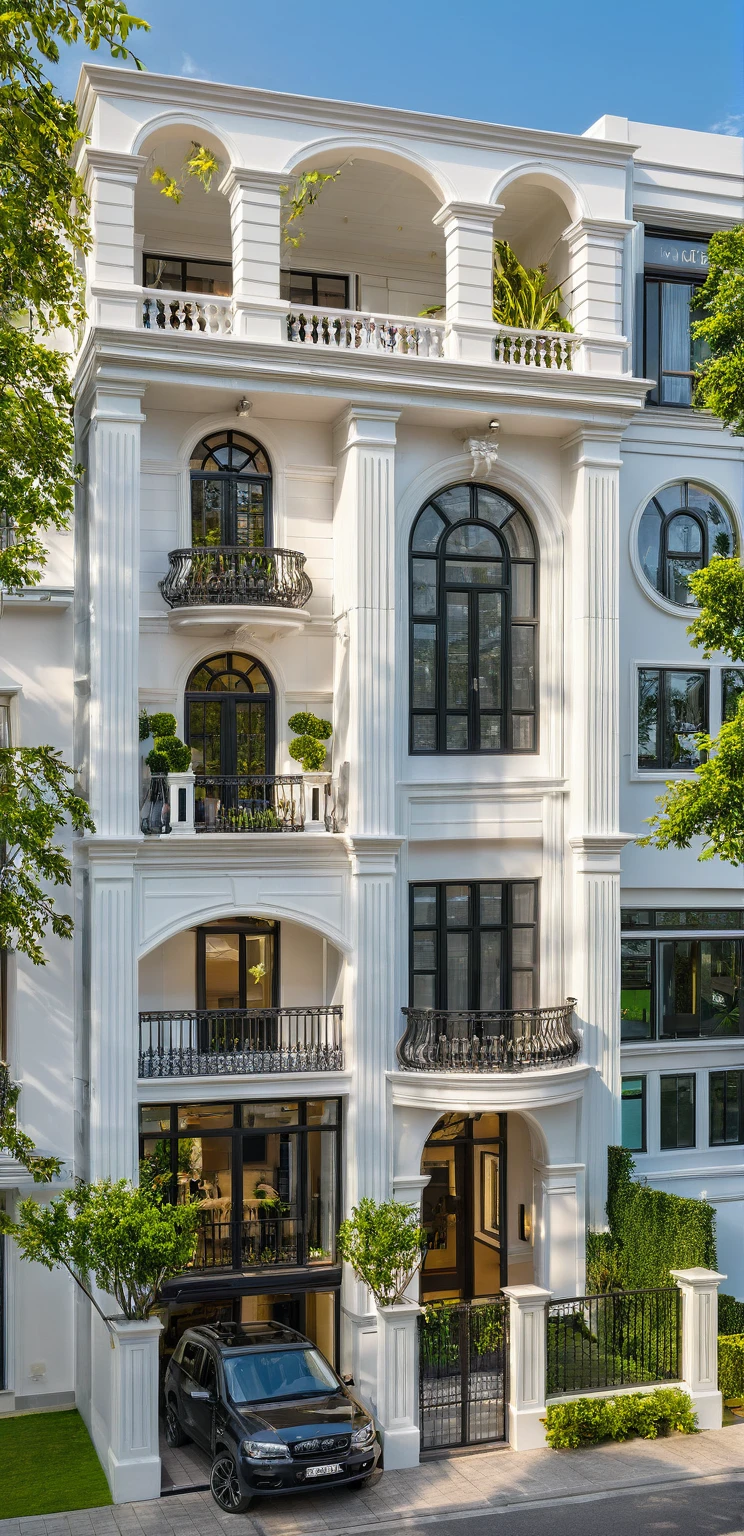 neo classical villa on street, (daylight), tropical tree, vivid colour, streetcapes, white tone, white wall, Gear Class door, warm interior lighting, wood and marble, best quality, 20ArchiAI_XL_NeoTH-v2