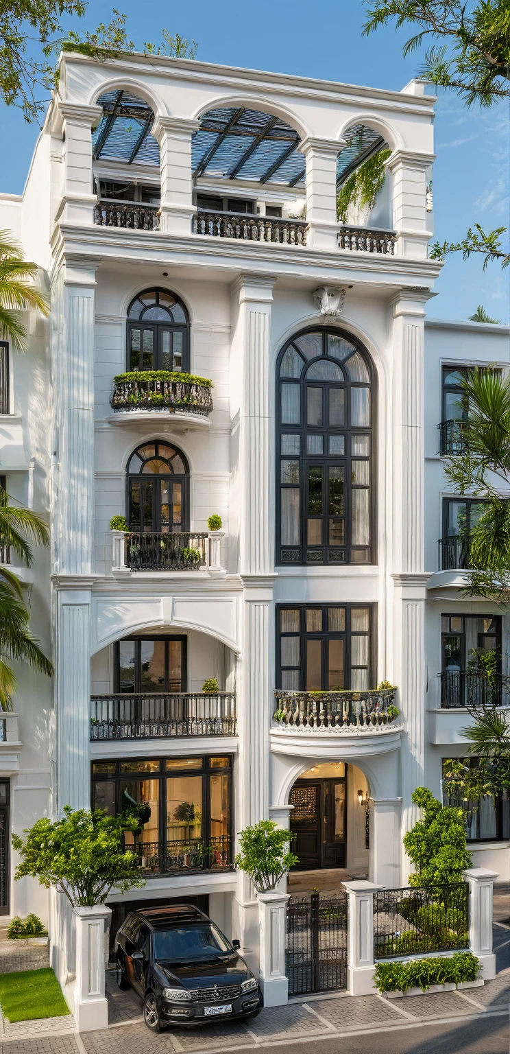 neo classical villa on street, (daylight), tropical tree, vivid colour, streetcapes, white tone, white wall, Gear Class door, warm interior lighting, wood and marble, best quality, 20ArchiAI_XL_NeoTH-v2
