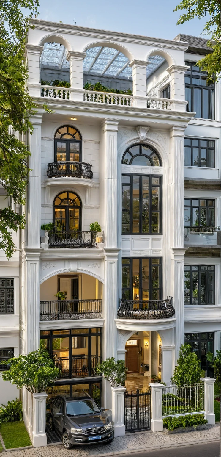 neo classical villa on street, (daylight), tropical tree, vivid colour, streetcapes, white tone, white wall, Gear Class door, warm interior lighting, wood and marble, best quality, 20ArchiAI_XL_NeoTH-v2